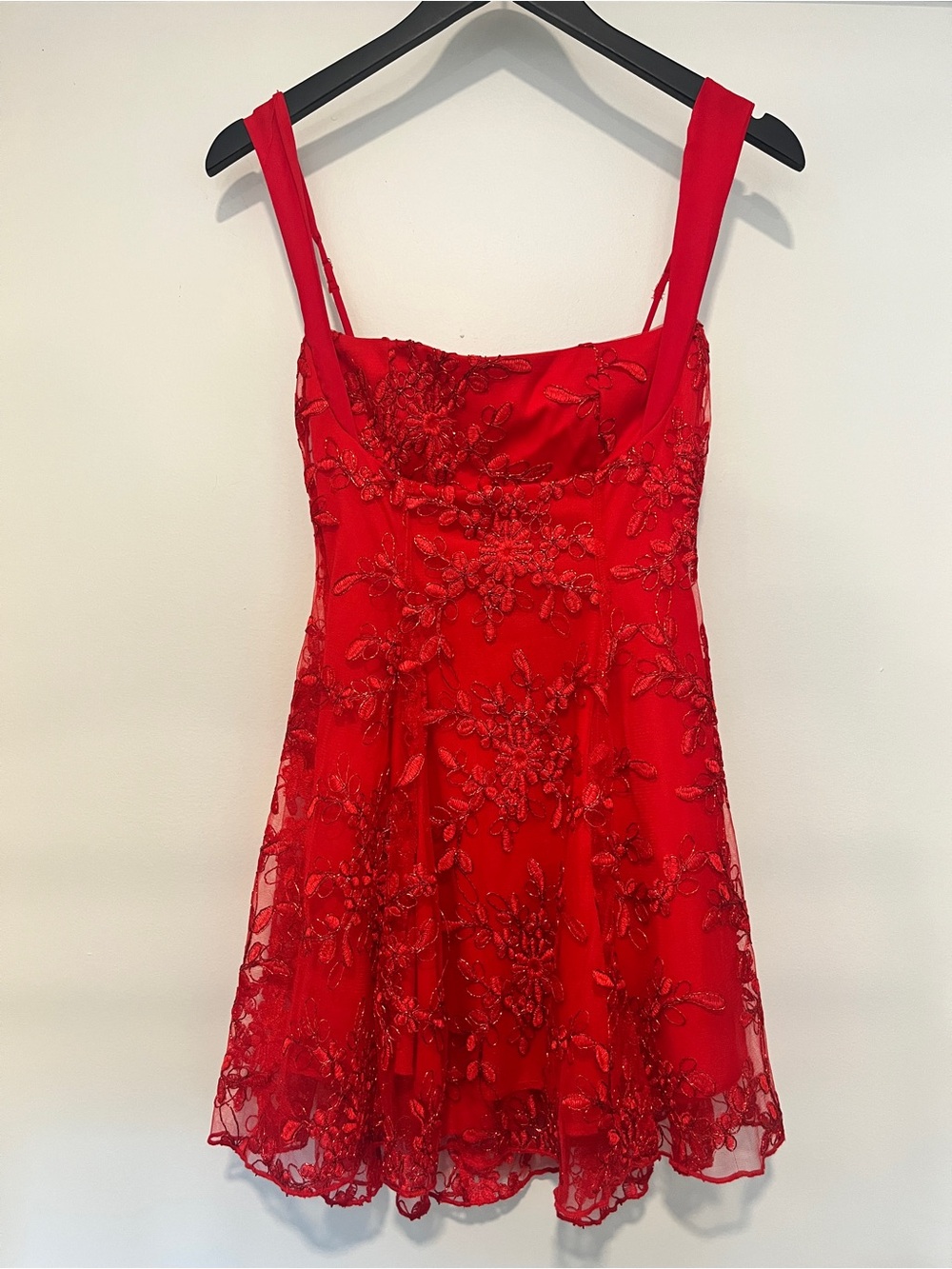 Lucy in the Sky Red Floral Lace Mini Dress XS Tie Back